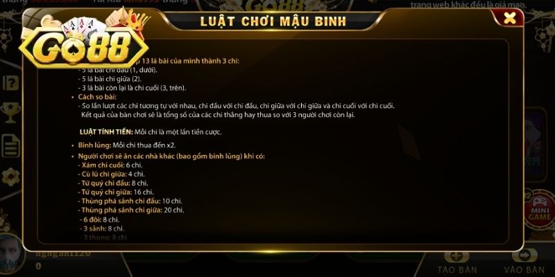 Hướng dẫn cách chơi Mậu Binh chi tiết tại GO88