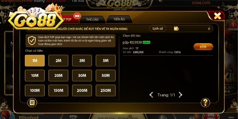 Rút tiền GO88 nhanh chóng qua hình thức P2P