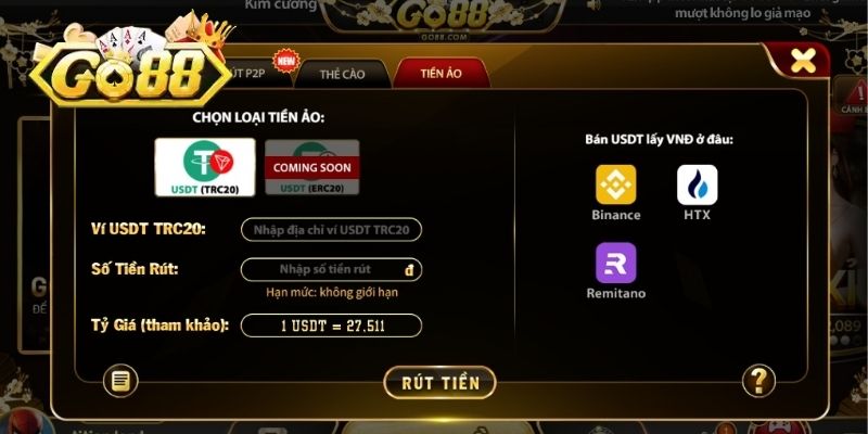 Rút tiền GO88 qua cổng tiền ảo (USDT TRC20)